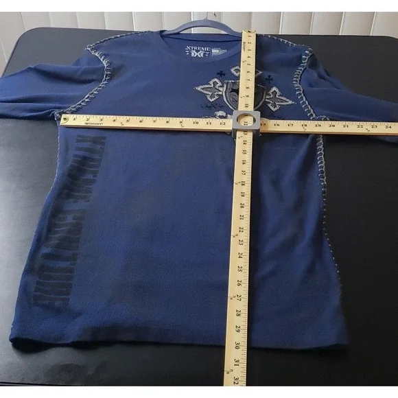 Xtreme Couture Shirt Mens Large Blue Thermal Long Sleeve Cross Wings Graphic - Picture 6 of 8